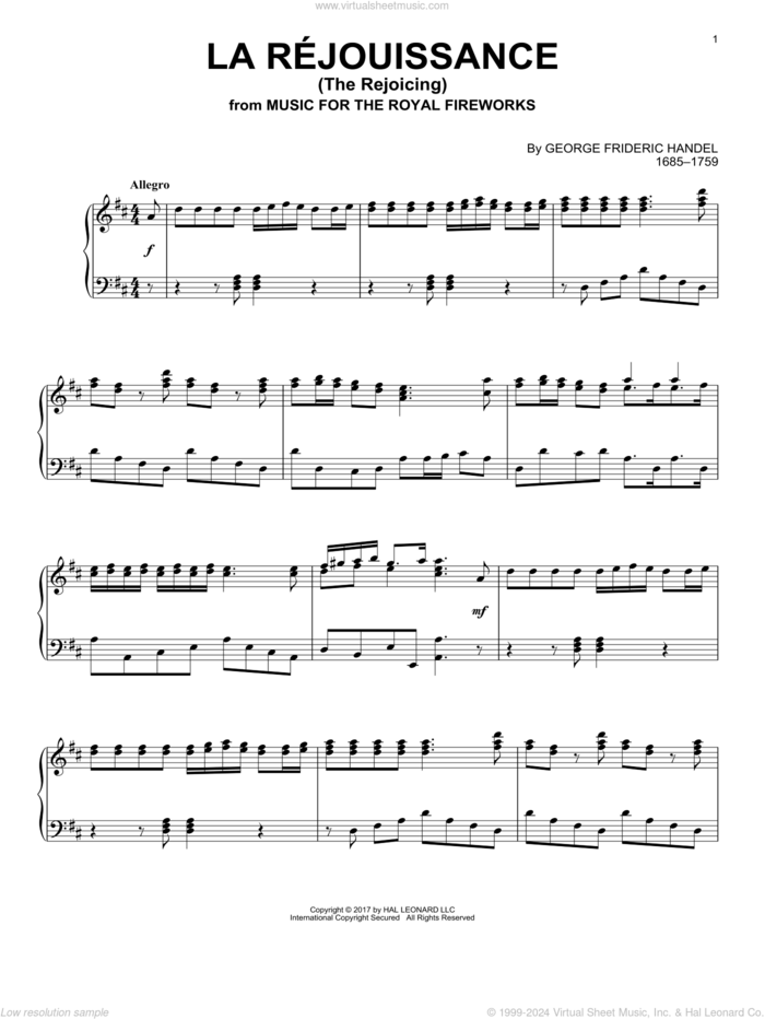 La Rejouissance sheet music for piano solo by George Frideric Handel, classical wedding score, intermediate skill level
