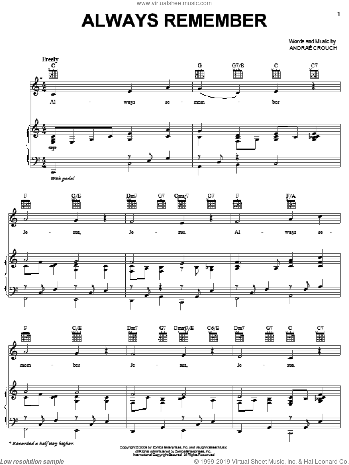 Always Remember sheet music for voice, piano or guitar by Andrae Crouch, intermediate skill level