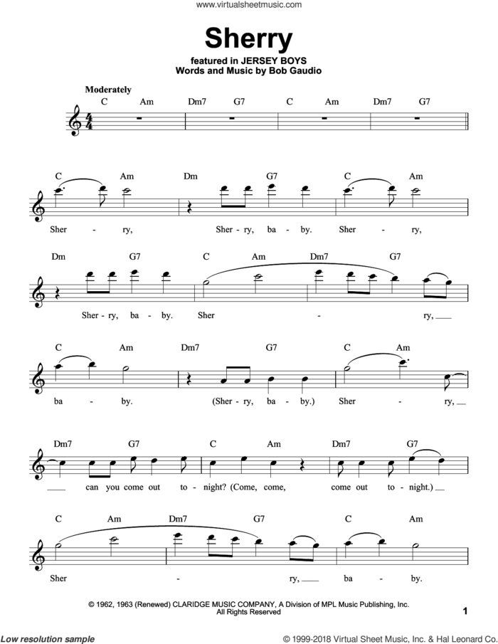 Sherry sheet music for voice solo by The Four Seasons and Bob Gaudio, intermediate skill level