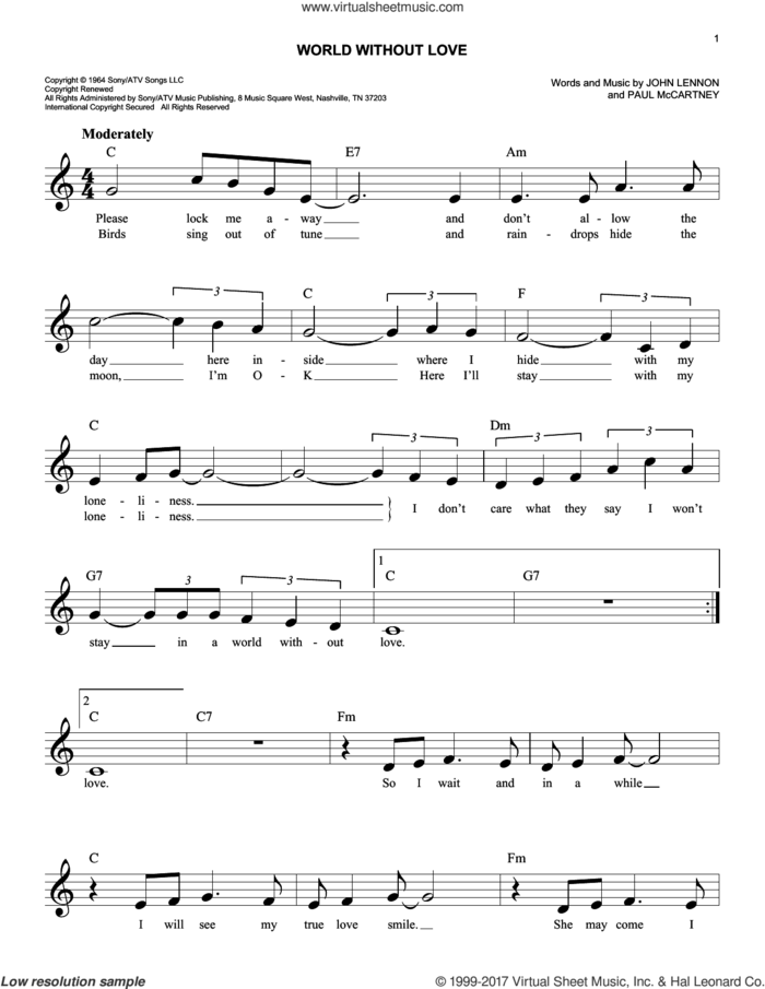 World Without Love sheet music for voice and other instruments (fake book) by Peter and Gordon, John Lennon and Paul McCartney, easy skill level