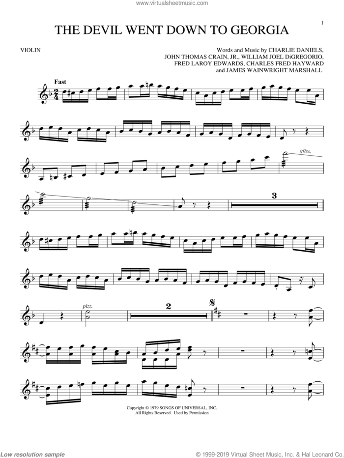 The Devil Went Down To Georgia sheet music for violin solo by Charlie Daniels Band, Charles Fred Hayward, Fred Laroy Edwards, James Wainwright Marshall, John Thomas Crain, Jr. and William Joel DiGregorio, intermediate skill level