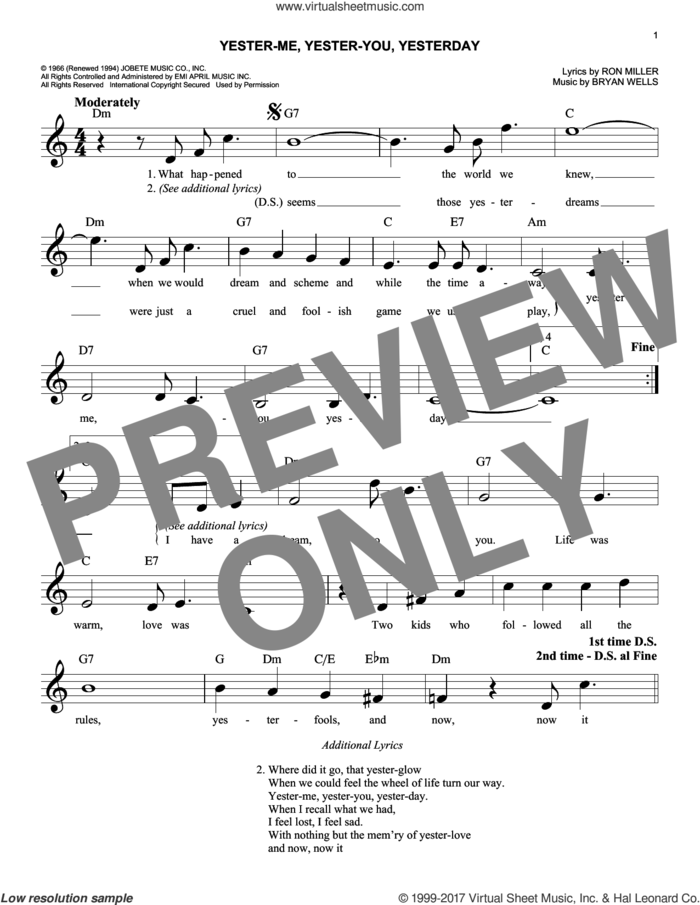 Yester-Me, Yester-You, Yesterday sheet music for voice and other instruments (fake book) by Stevie Wonder, Bryan Wells and Ron Miller, intermediate skill level