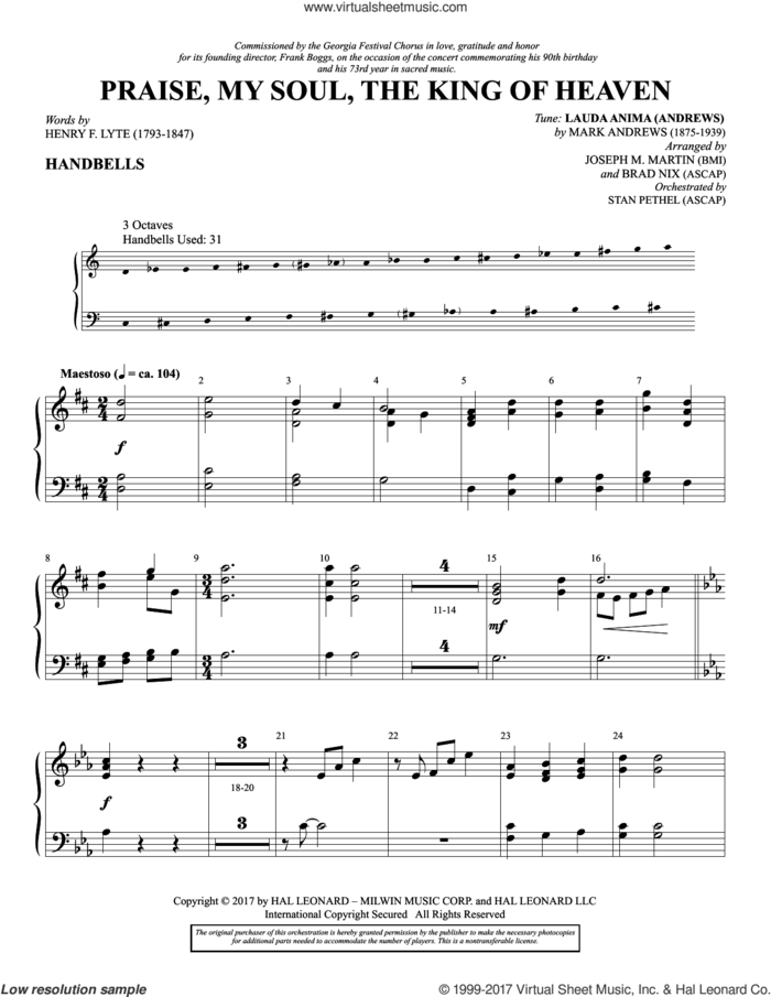 Praise, My Soul, the King of Heaven sheet music for orchestra/band (handbells) by Henry F. Lyte, Joseph M. Martin, Brad Nix, John Goss and Mark Andrews, intermediate skill level
