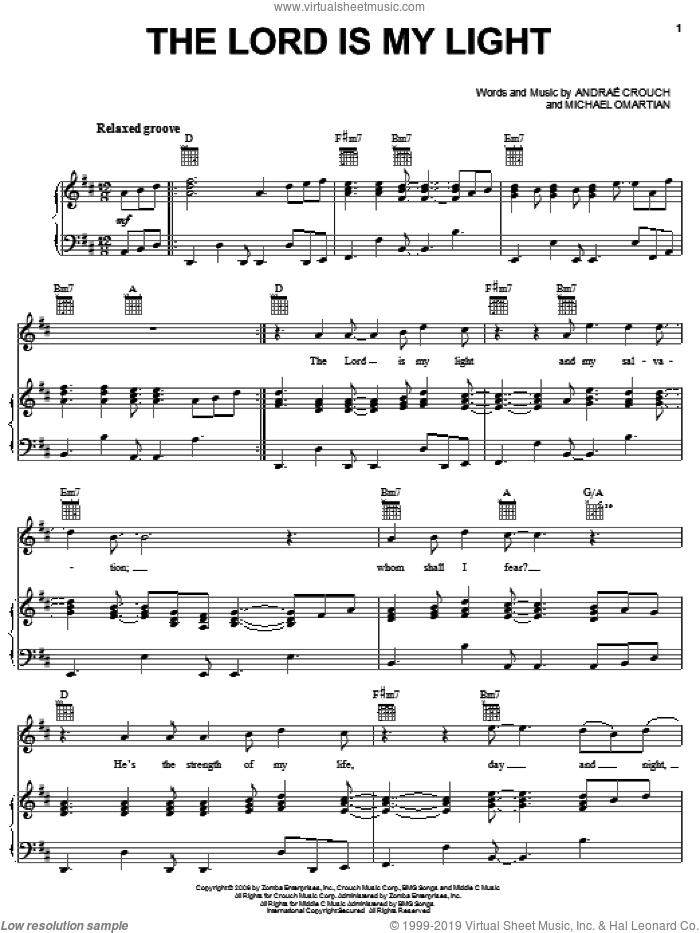 The Lord Is My Light sheet music for voice, piano or guitar by Andrae Crouch and Michael Omartian, intermediate skill level