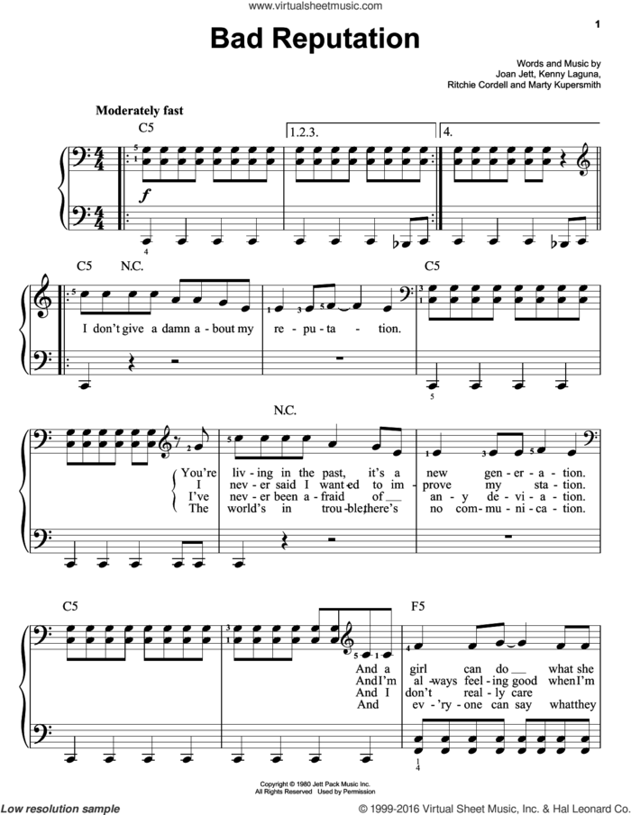 Bad Reputation sheet music for piano solo by Joan Jett, Shrek (Movie), Kenny Laguna and Marty Kupersmith, easy skill level