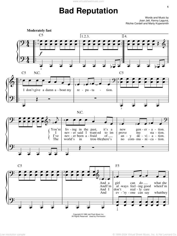 Bad Reputation sheet music for piano solo by Joan Jett, Shrek (Movie), Kenny Laguna and Marty Kupersmith, easy skill level