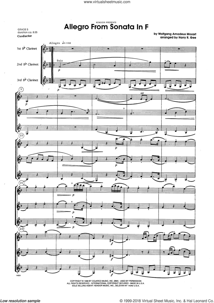 Allegro From Sonata In F (COMPLETE) sheet music for clarinet trio by Wolfgang Amadeus Mozart and Harry Gee, classical score, intermediate skill level