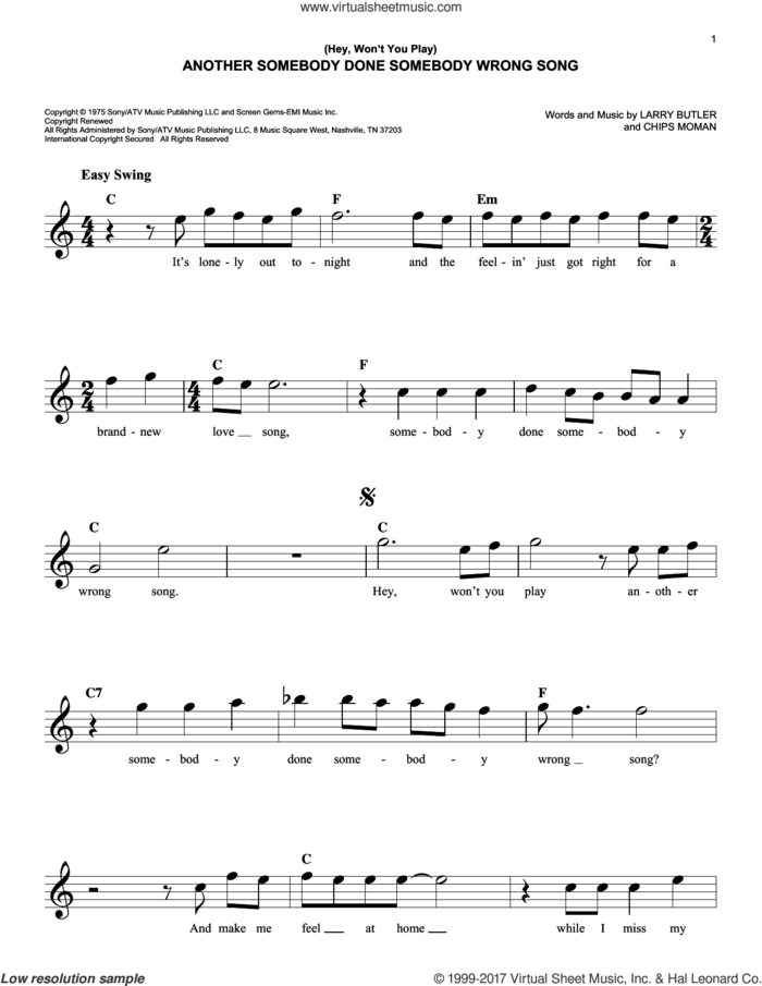 (Hey, Won't You Play) Another Somebody Done Somebody Wrong Song sheet music for voice and other instruments (fake book) by B.J. Thomas, Chips Moman and Larry Butler, easy skill level