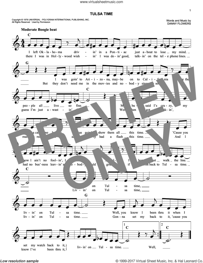 Tulsa Time sheet music for voice and other instruments (fake book) by Don Williams and Danny Flowers, intermediate skill level