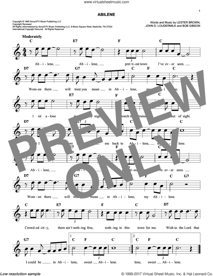 Abilene sheet music for voice and other instruments (fake book) by George Hamilton IV, Bob Gibson, John D. Loudermilk and Lester Brown, easy skill level