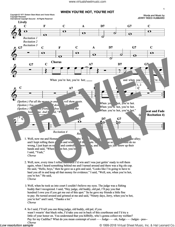 When You're Hot, You're Hot sheet music for voice and other instruments (fake book) by Jerry Reed and Jerry Hubbard, easy skill level