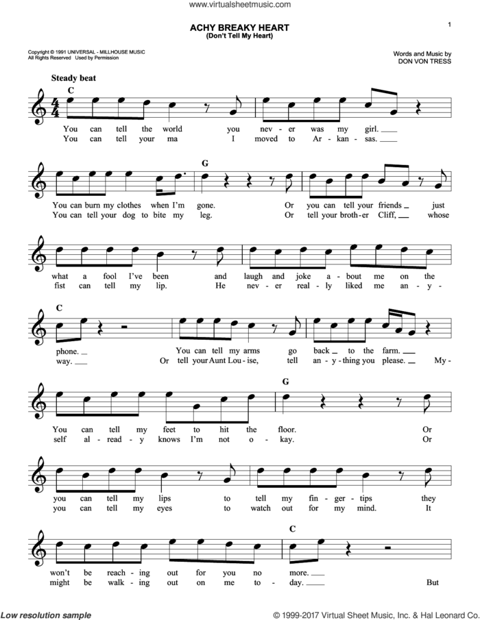 Achy Breaky Heart (Don't Tell My Heart) sheet music for voice and other instruments (fake book) by Billy Ray Cyrus and Don Von Tress, easy skill level