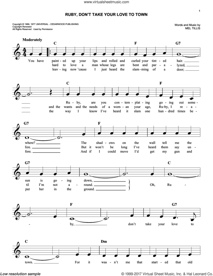 Ruby, Don't Take Your Love To Town sheet music for voice and other instruments (fake book) by Kenny Rogers and Mel Tillis, easy skill level