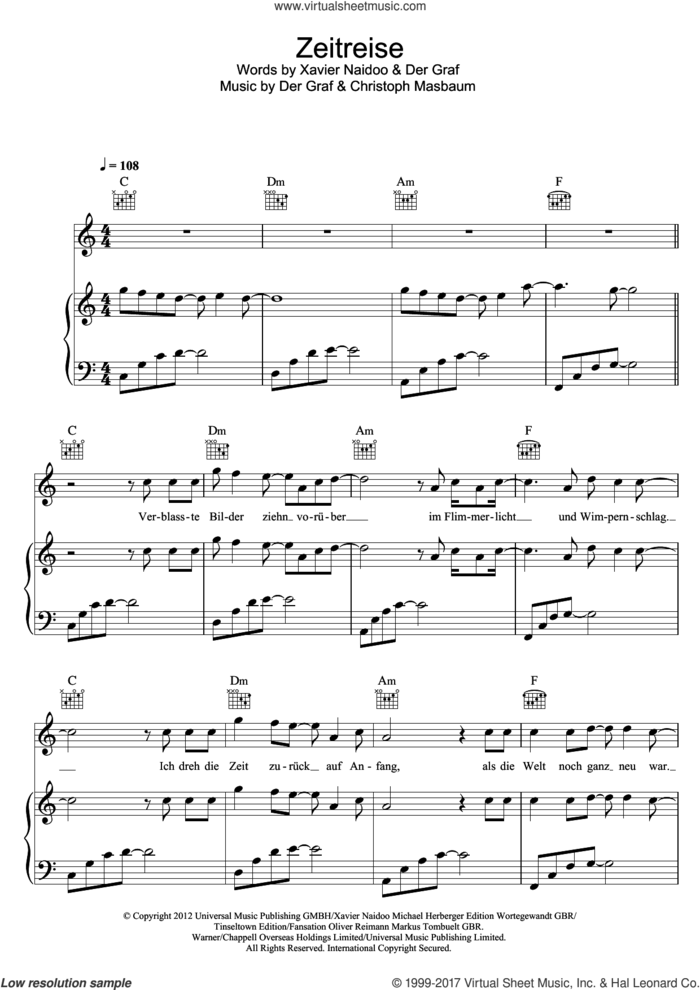 Zeitreise sheet music for voice, piano or guitar by Unheilig, Christoph Masbaum and Der Graf, intermediate skill level