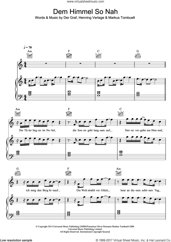 Dem Himmel So Nah sheet music for voice, piano or guitar by Unheilig, Der Graf, Henning Verlage and Markus Tombuelt, intermediate skill level