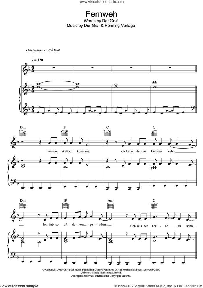Fernweh sheet music for voice, piano or guitar by Unheilig, Der Graf and Henning Verlage, intermediate skill level