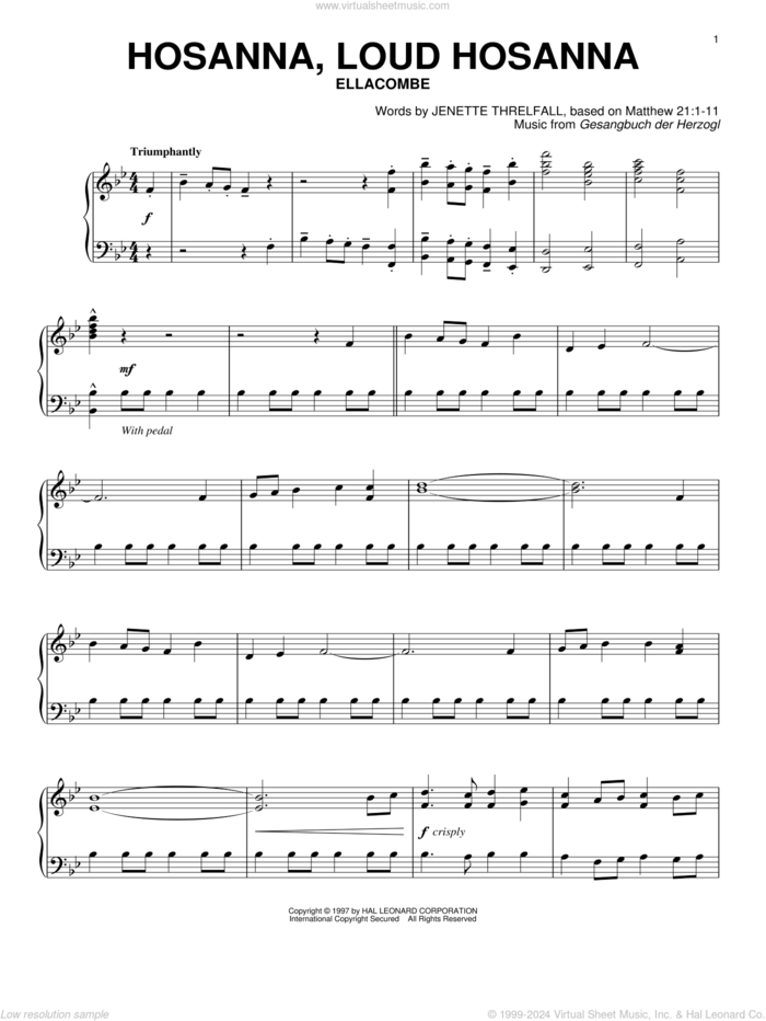 Hosanna, Loud Hosanna sheet music for piano solo by Gesangbuch der Herzogl and Jennette Threlfall, intermediate skill level