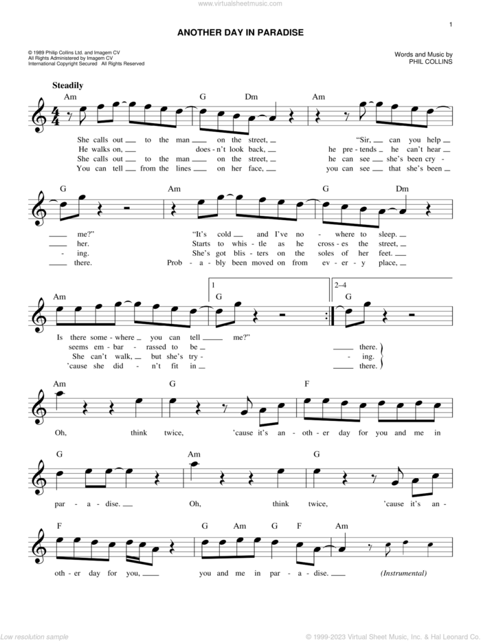 Another Day In Paradise sheet music for voice and other instruments (fake book) by Phil Collins, easy skill level