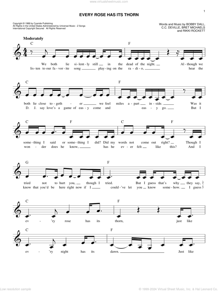 Every Rose Has Its Thorn sheet music for voice and other instruments (fake book) by Poison, Bobby Dall, Bret Michaels, C.C. Deville and Rikki Rockett, easy skill level