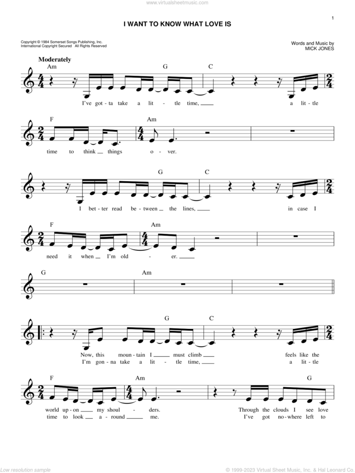 I Want To Know What Love Is sheet music for voice and other instruments (fake book) by Foreigner and Mick Jones, easy skill level