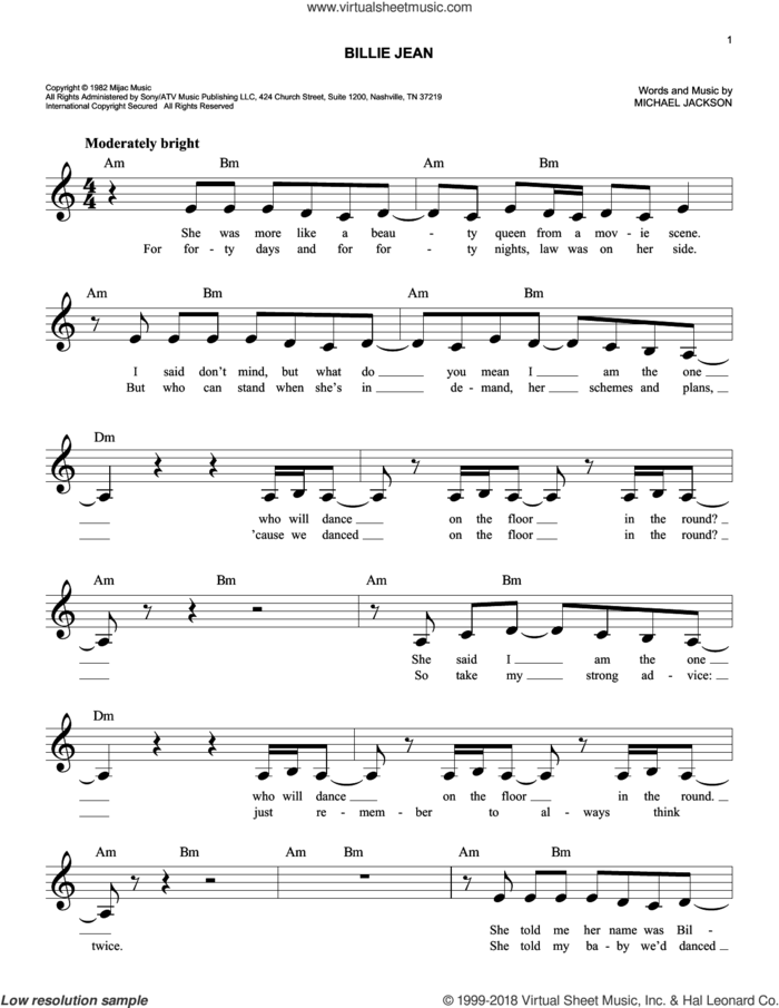 Billie Jean sheet music for voice and other instruments (fake book) by Michael Jackson, intermediate skill level