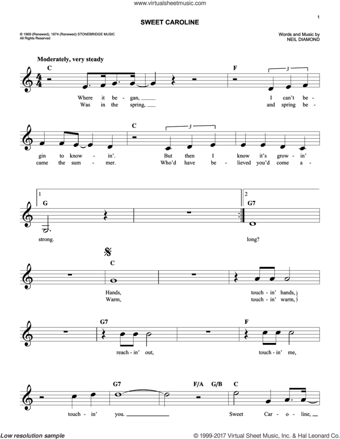 Sweet Caroline sheet music for voice and other instruments (fake book) by Neil Diamond, easy skill level