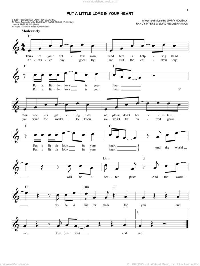 Put A Little Love In Your Heart sheet music for voice and other instruments (fake book) by Jackie DeShannon, Jimmy Holiday and Randy Myers, intermediate skill level