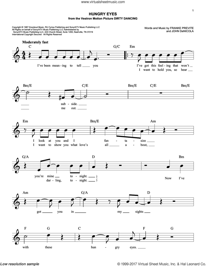 Hungry Eyes (from Dirty Dancing) sheet music for voice and other instruments (fake book) by Eric Carmen, Franke Previte and John DeNicola, easy skill level