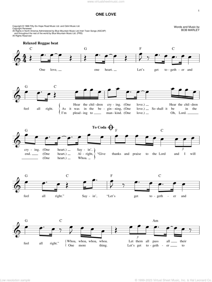 One Love sheet music for voice and other instruments (fake book) by Bob Marley, easy skill level