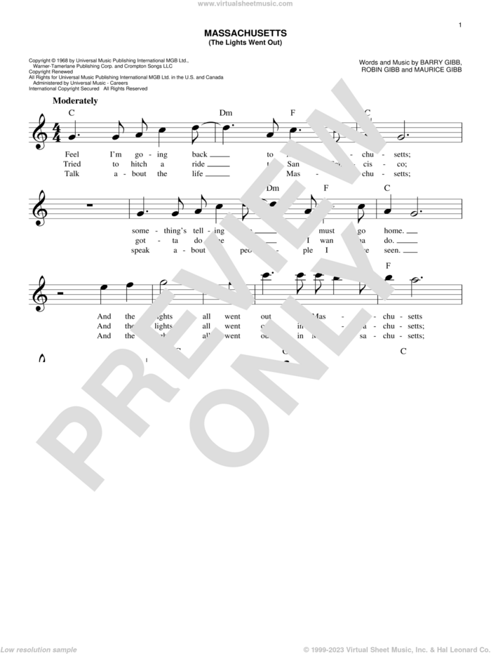 Massachusetts (The Lights Went Out) sheet music for voice and other instruments (fake book) by Bee Gees, Barry Gibb, Maurice Gibb and Robin Gibb, easy skill level