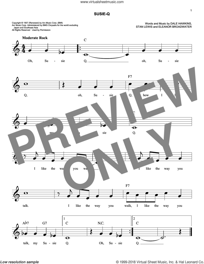 Susie-Q sheet music for voice and other instruments (fake book) by Creedence Clearwater Revival, Eleanor Broadwater and Stan Lewis, easy skill level