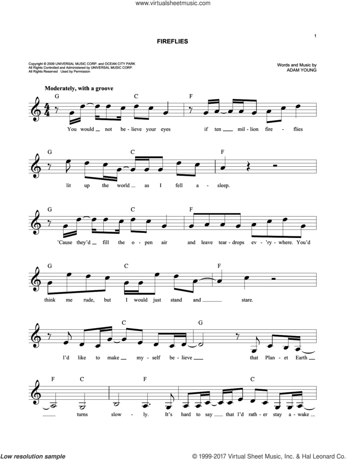 Fireflies sheet music for voice and other instruments (fake book) by Owl City and Adam Young, easy skill level