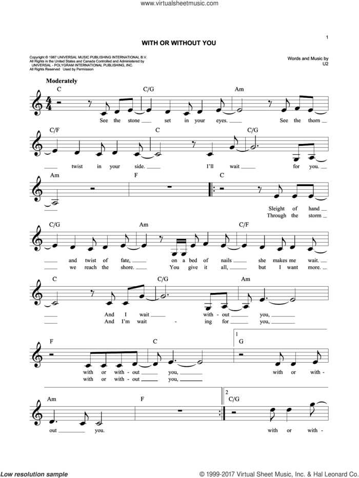 With Or Without You sheet music for voice and other instruments (fake book) by U2, easy skill level