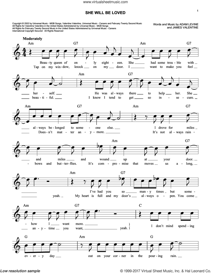 She Will Be Loved sheet music for voice and other instruments (fake book) by Maroon 5, Adam Levine and James Valentine, easy skill level