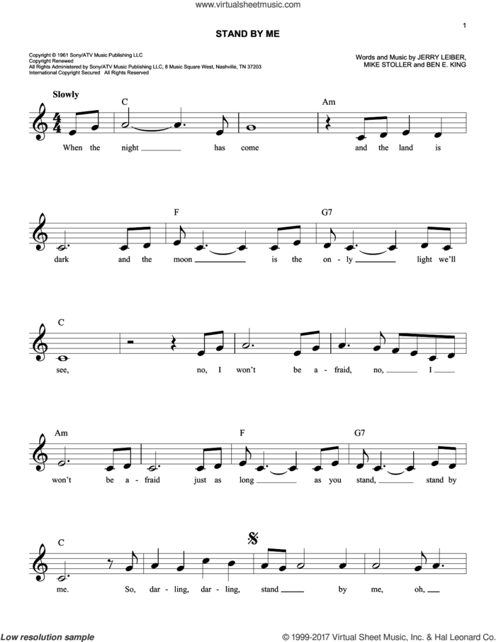 Stand By Me sheet music for voice and other instruments (fake book) by Ben E. King, Jerry Leiber and Mike Stoller, easy skill level