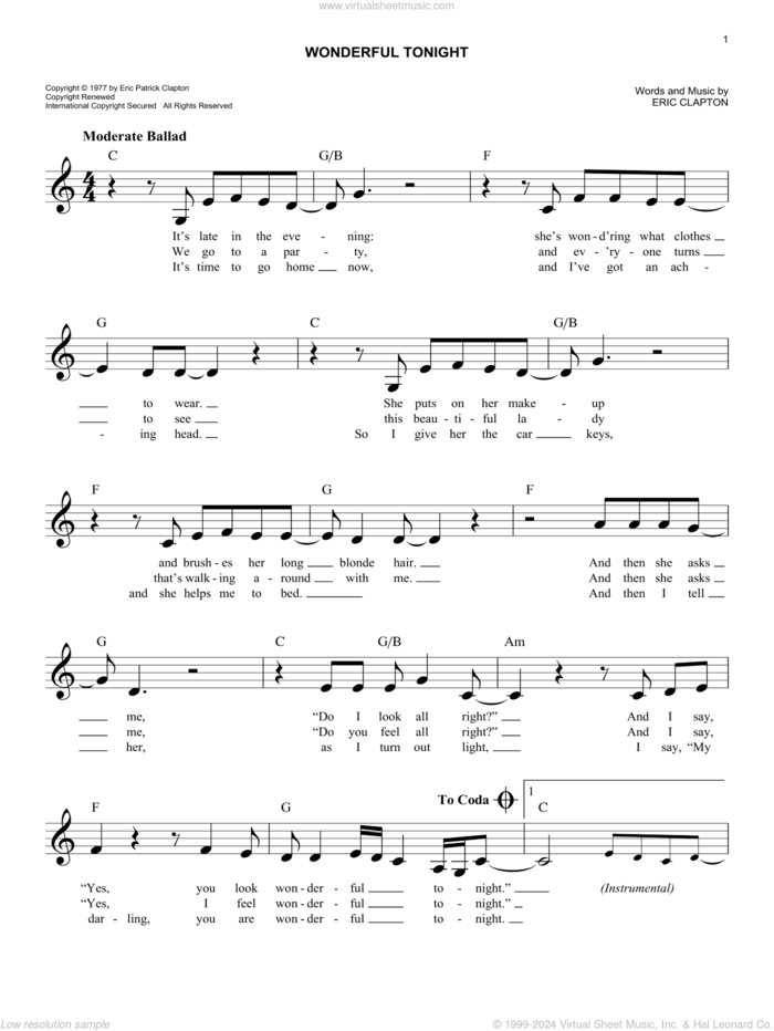 Wonderful Tonight sheet music for voice and other instruments (fake book) by Eric Clapton, wedding score, easy skill level