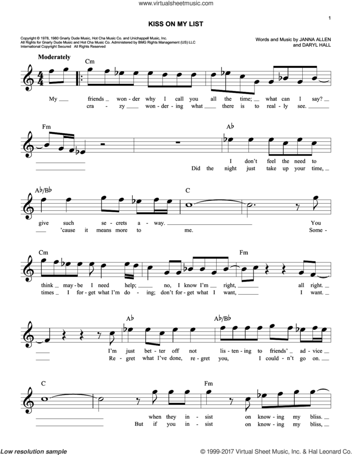 Kiss On My List sheet music for voice and other instruments (fake book) by Daryl Hall, Daryl Hall & John Oates, Hall and Oates and Janna Allen, easy skill level
