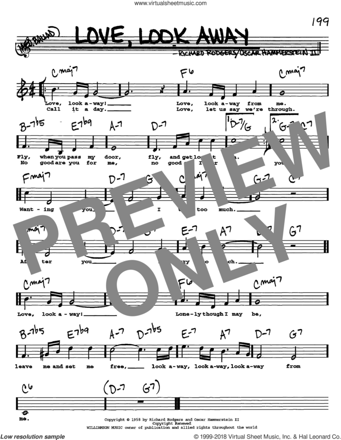 Love, Look Away sheet music for voice and other instruments  by Rodgers & Hammerstein, Oscar II Hammerstein and Richard Rodgers, intermediate skill level