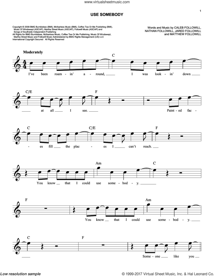 Use Somebody sheet music for voice and other instruments (fake book) by Kings Of Leon, Caleb Followill, Jared Followill, Matthew Followill and Nathan Followill, easy skill level