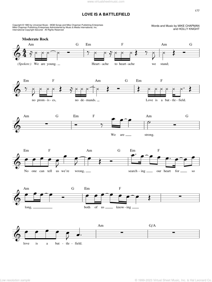 Love Is A Battlefield sheet music for voice and other instruments (fake book) by Pat Benatar, Holly Knight and Mike Chapman, easy skill level