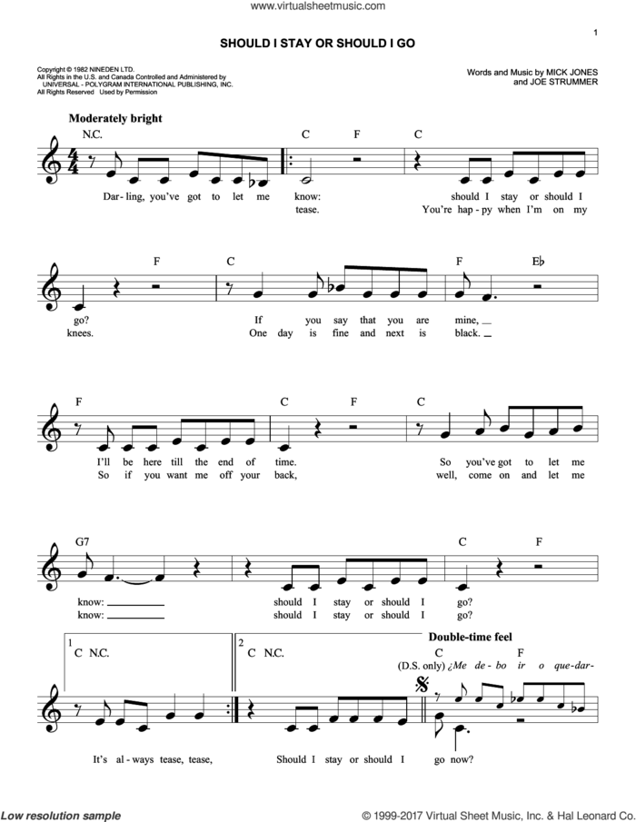 Should I Stay Or Should I Go sheet music for voice and other instruments (fake book) by The Clash, Joe Strummer and Mick Jones, intermediate skill level
