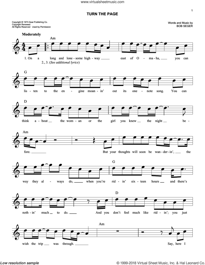 Turn The Page sheet music for voice and other instruments (fake book) by Bob Seger, easy skill level