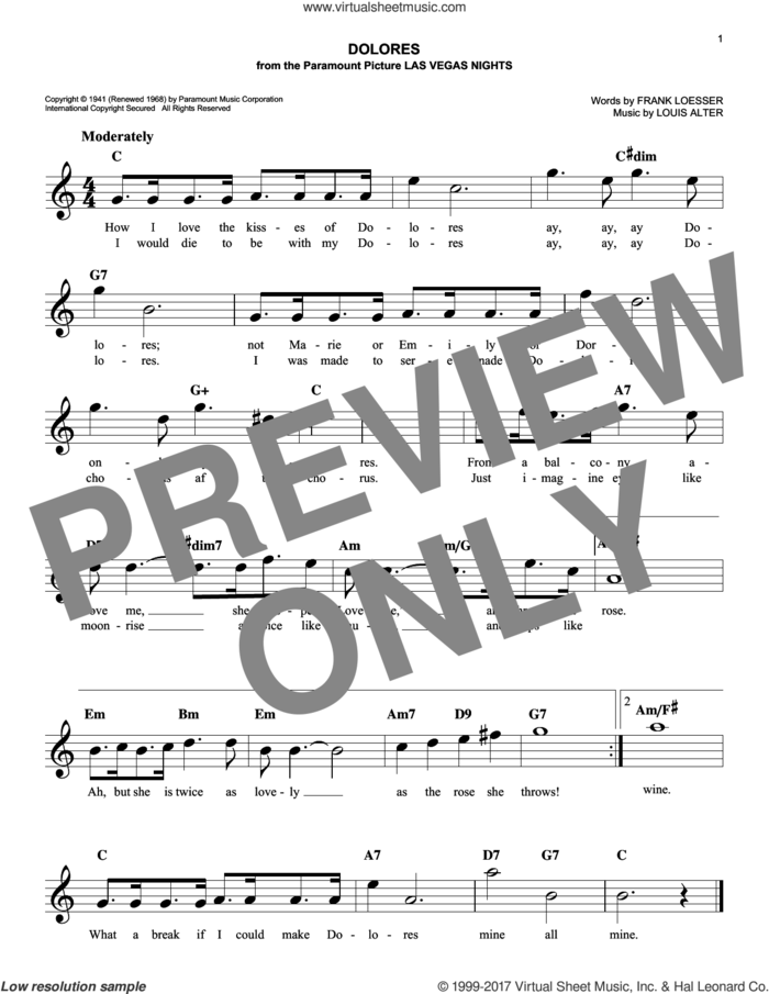 Dolores sheet music for voice and other instruments (fake book) by Frank Loesser and Louis Alter, easy skill level