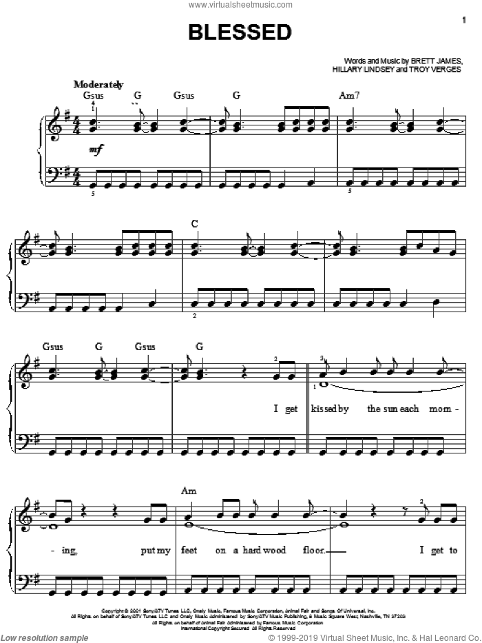 Blessed sheet music for piano solo by Martina McBride, Brett James, Hillary Lindsey and Troy Verges, easy skill level