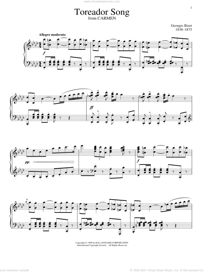 Toreador Song, (intermediate) sheet music for piano solo by Georges Bizet, classical score, intermediate skill level
