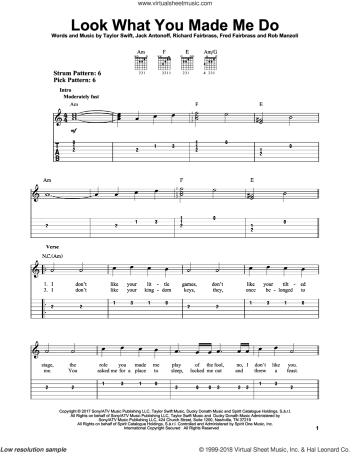 Look What You Made Me Do sheet music for guitar solo (easy tablature) by Taylor Swift, Fred Fairbrass, Jack Antonoff, Richard Fairbrass and Rob Manzoli, easy guitar (easy tablature)