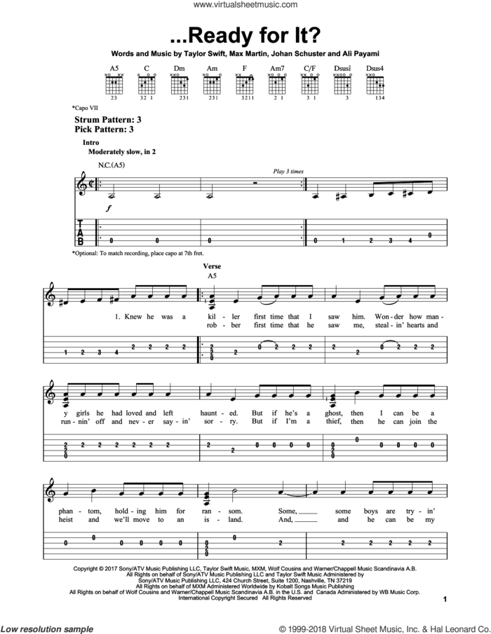 ...Ready For It? sheet music for guitar solo (easy tablature) by Taylor Swift, Aly Payami, Karl Schuster and Max Martin, easy guitar (easy tablature)