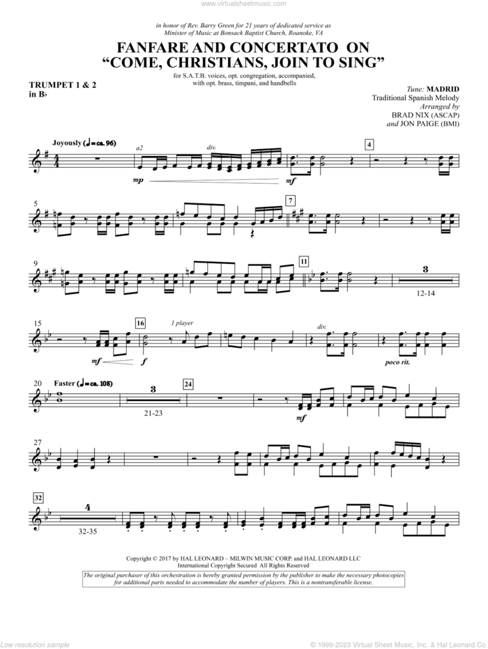 Fanfare and Concertato on 'Come, Christians, Join to Sing' sheet music for orchestra/band (Bb trumpet 1,2) by Brad Nix, Christian Henry Bateman, Jon Paige and Miscellaneous, intermediate skill level