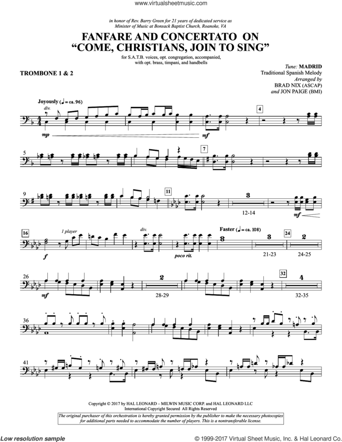 Fanfare and Concertato on 'Come, Christians, Join to Sing' sheet music for orchestra/band (trombone 1 and 2) by Brad Nix, Christian Henry Bateman, Jon Paige and Miscellaneous, intermediate skill level