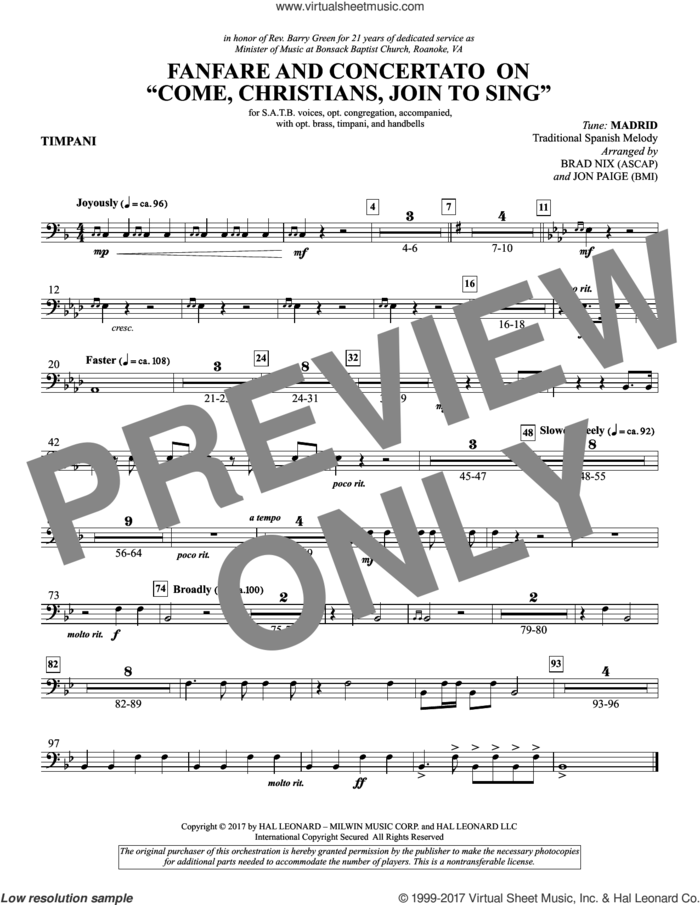 Fanfare and Concertato on 'Come, Christians, Join to Sing' sheet music for orchestra/band (timpani) by Brad Nix, Christian Henry Bateman, Jon Paige and Miscellaneous, intermediate skill level